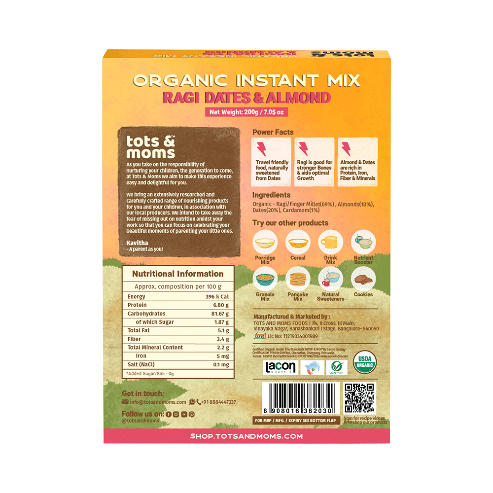 Tots and Moms Organic Instant Mix 8 Month+ Ragi Dates & Almond - Image 2