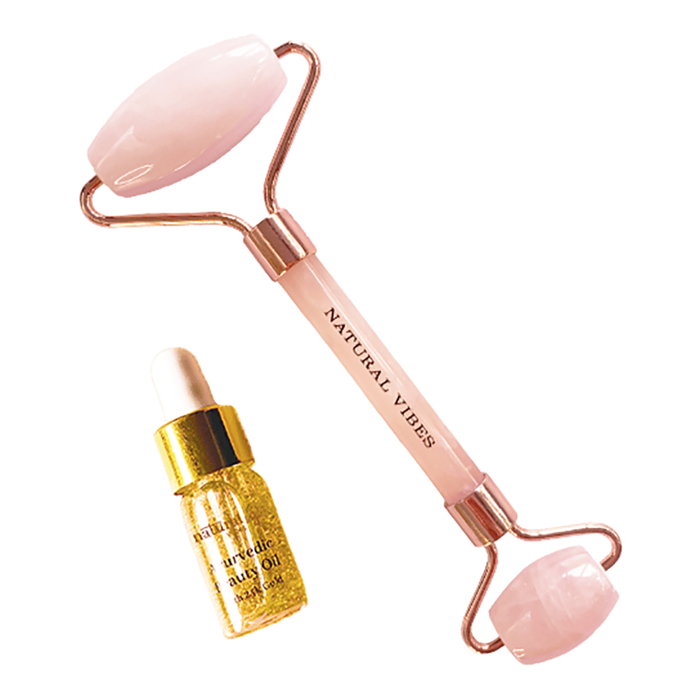 Natural Vibes Rose Quartz Roller & Massager with Gold Beauty Ellixir Oil 3ml Free