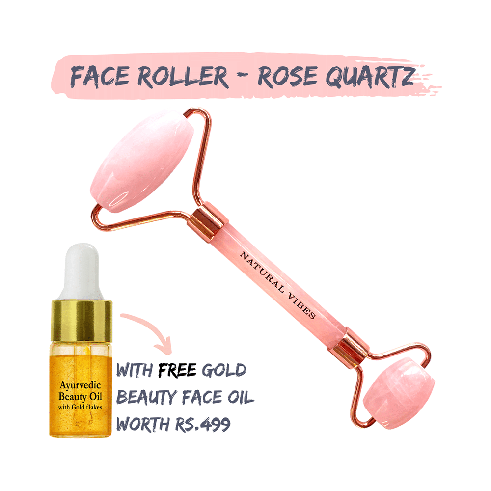 Natural Vibes Rose Quartz Roller & Massager with Gold Beauty Ellixir Oil 3ml Free - Image 2