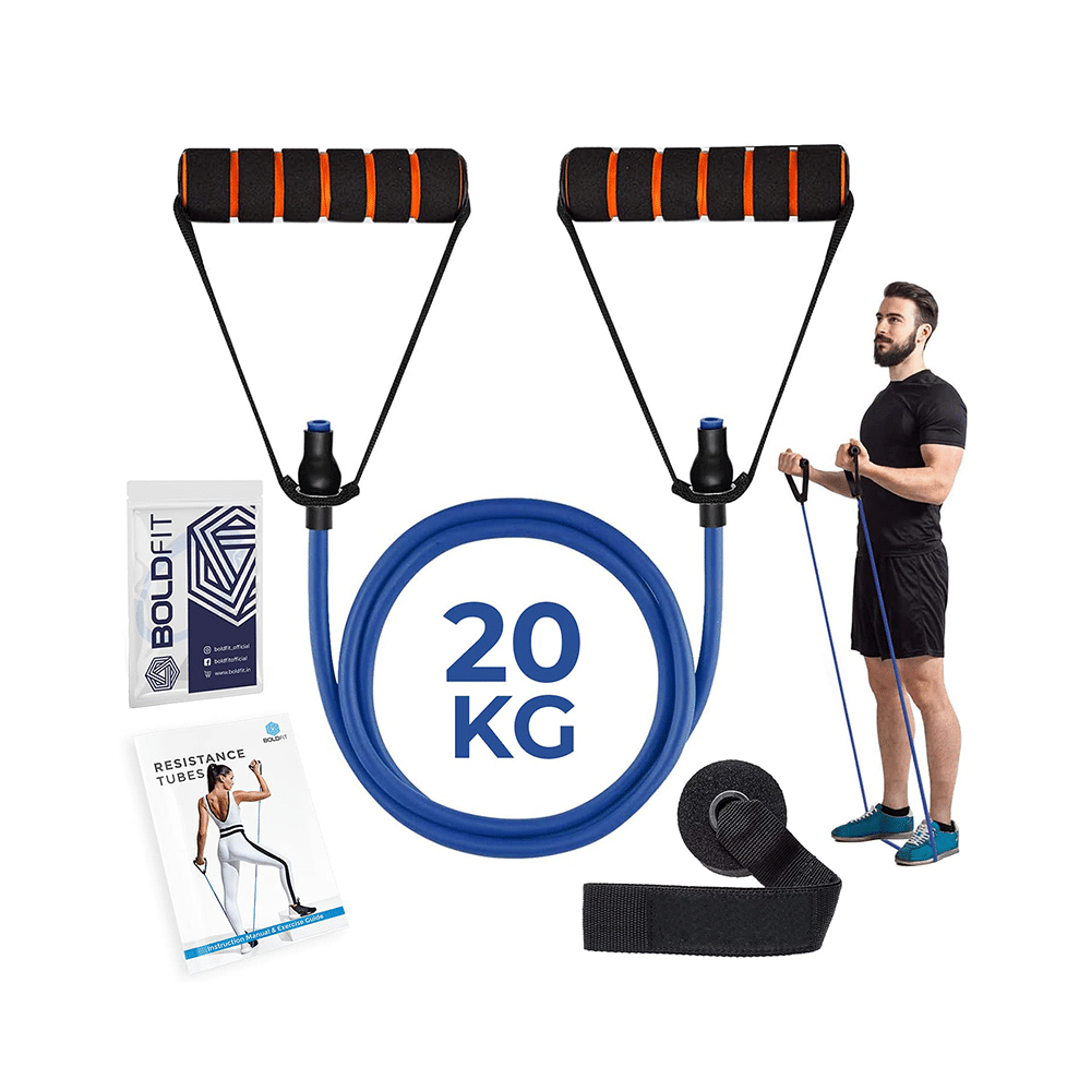 Boldfit Resistance Tube with Foam Handles, Door Anchor for Exercise & Stretching Blue 20kg - Image 2