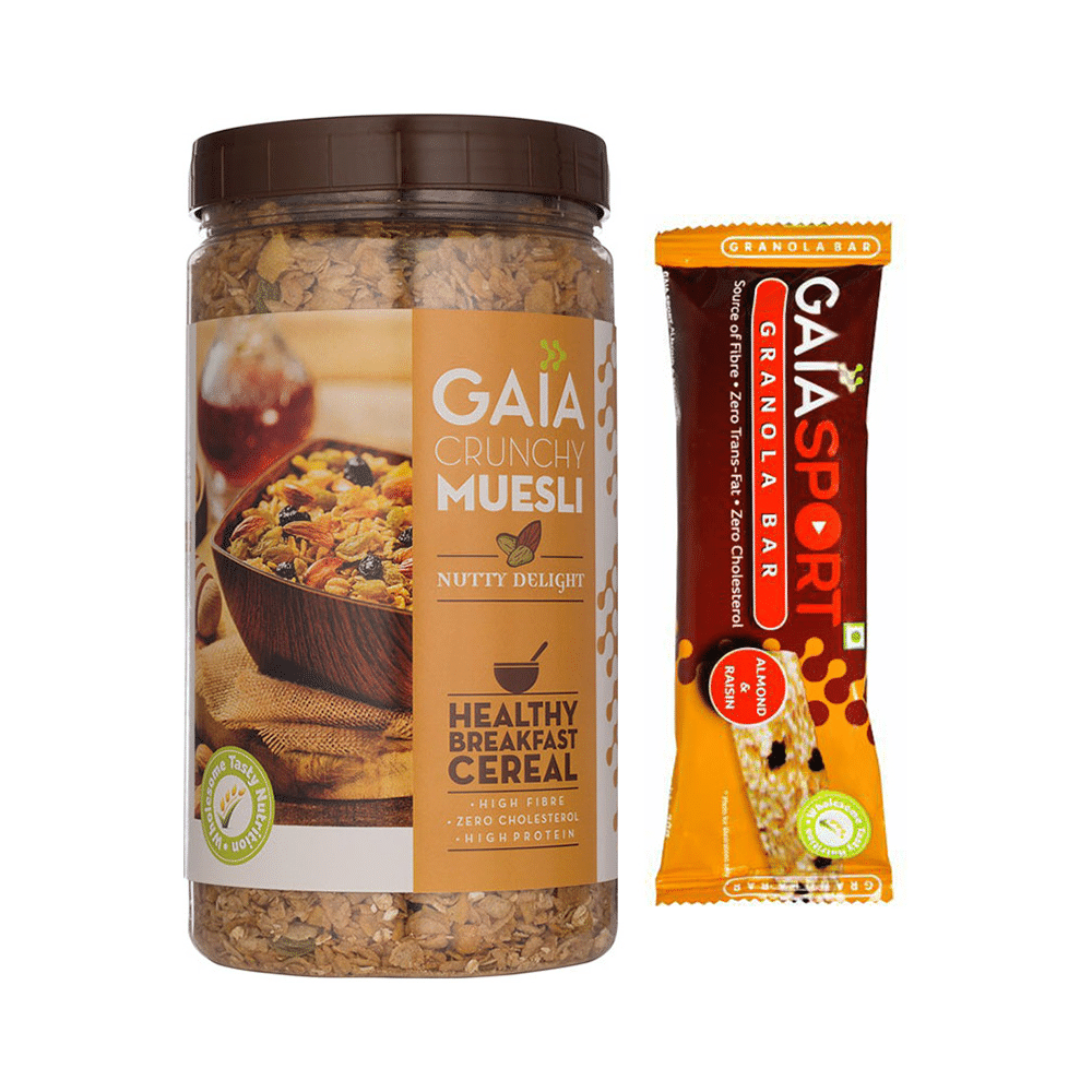 Musli & Nutritional Bar Combo of GAIA Crunchy Muesli Nutty Delight 1kg and GAIA Granola Almond & Raisin Bar 30gm - Image 1