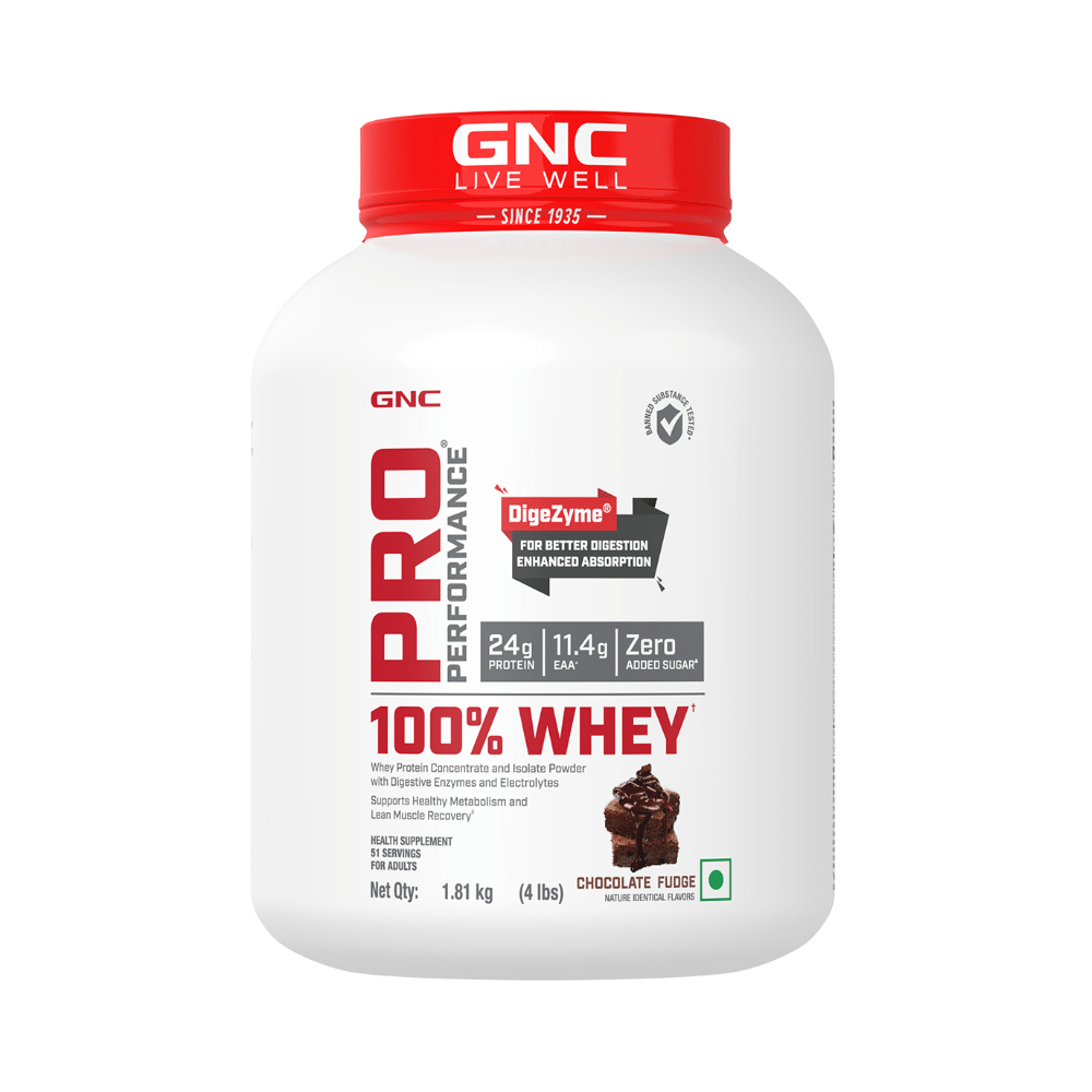 GNC Pro Performance 100% Whey Protein |  With Digestive Enzymes & Electrolytes | For Metabolism & Lean Muscles Recovery | Flavour Powder Chocolate Fudge