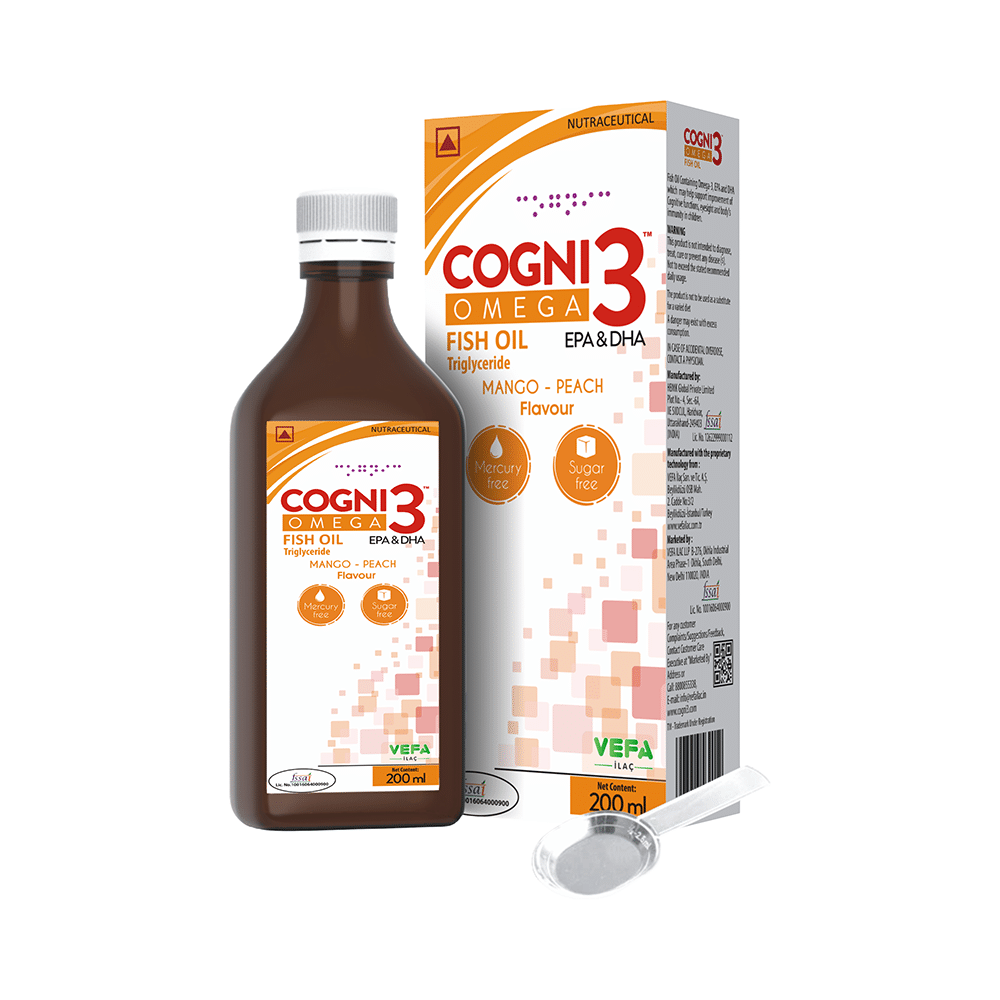 Cogni 3 Syrup with Omega 3 Fish Oil (EPA & DHA) | Sugar-Free | Flavour Mango Peach - Image 1
