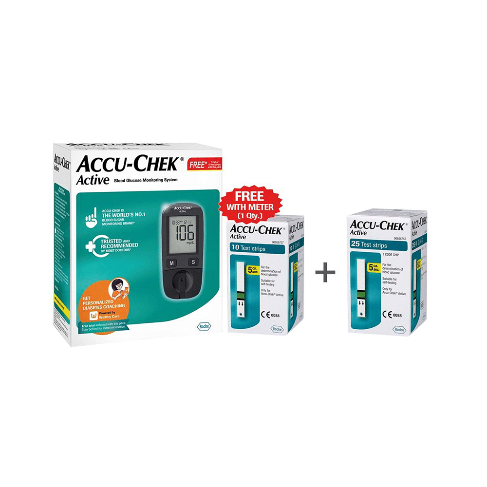 Accu-Chek Combo Pack of Active Blood Glucose Monitoring System with 10 Strip Free & Accu-Chek Active 25 Strip - Image 1