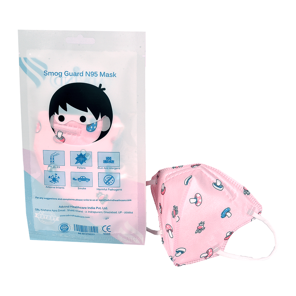 Advind Healthcare Smog Guard N95 Kids Mask without Valve for 4-12 Years Pink Mushroom Design - Image 2