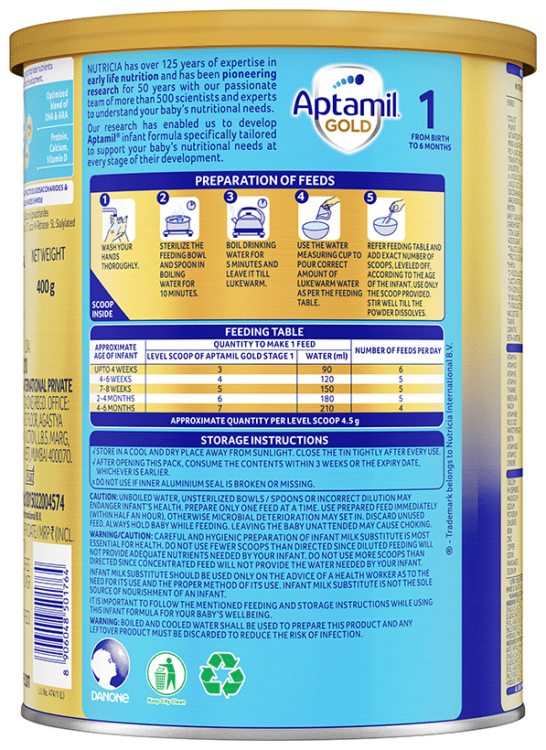 Aptamil Gold Stage 1 Infant Formula With Prebiotic Powder From Birth To 6 Months 400 gm - Image 4