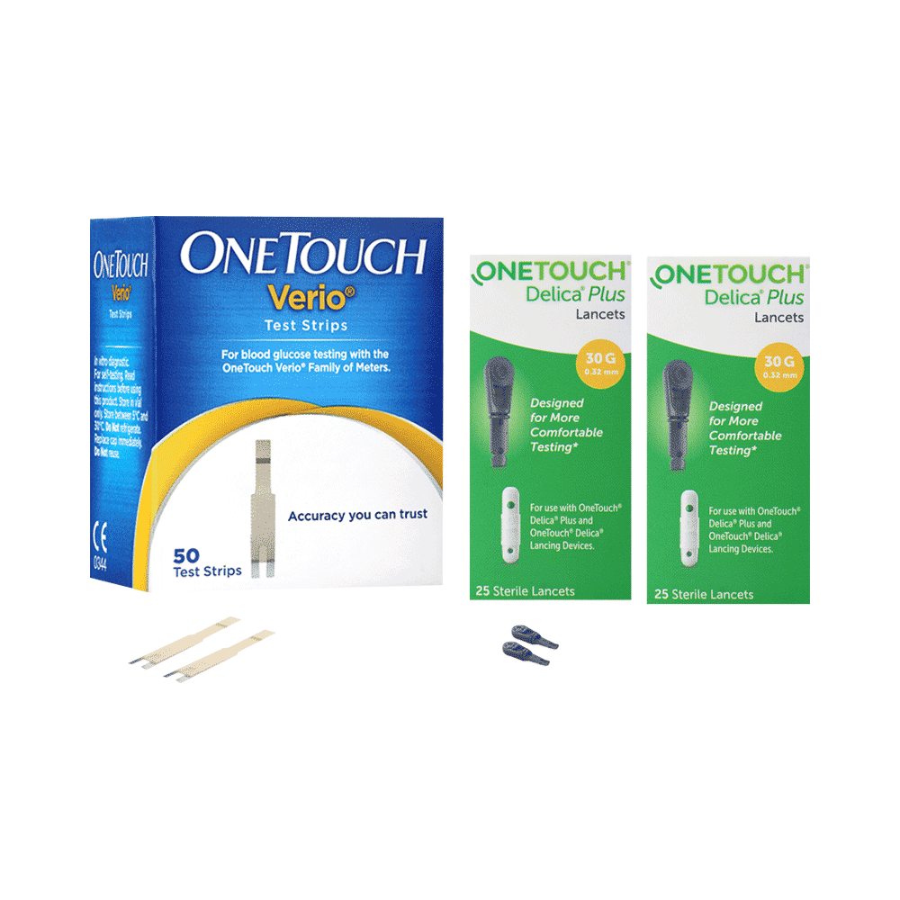 Combo Pack of OneTouch Verio 50 Test Strip & 2 Pack of OneTouch Delica Plus 25 Lancet - Image 1