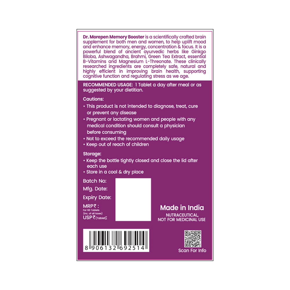 Dr. Morepen Memory Booster | With Gingko & Brahmi for Focus, Memory & Mood | Tablet - Image 2