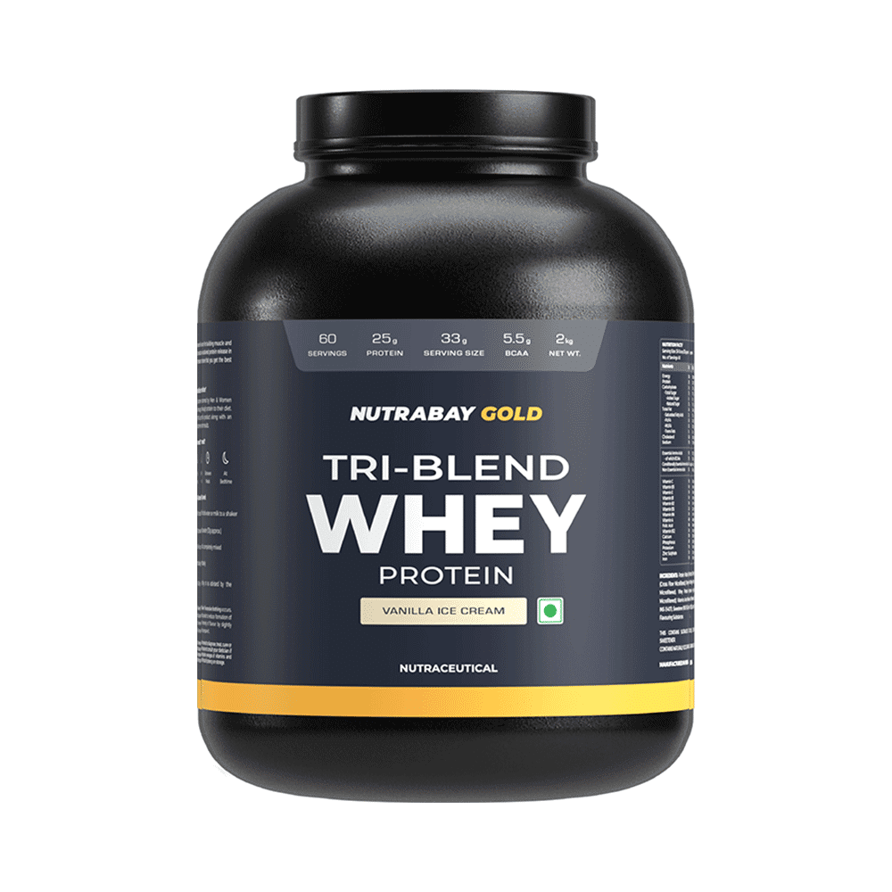 Nutrabay Gold Tri-Blend Whey Protein for Muscle Recovery & Immunity | No Added Sugar | Flavour Vanilla Icecream