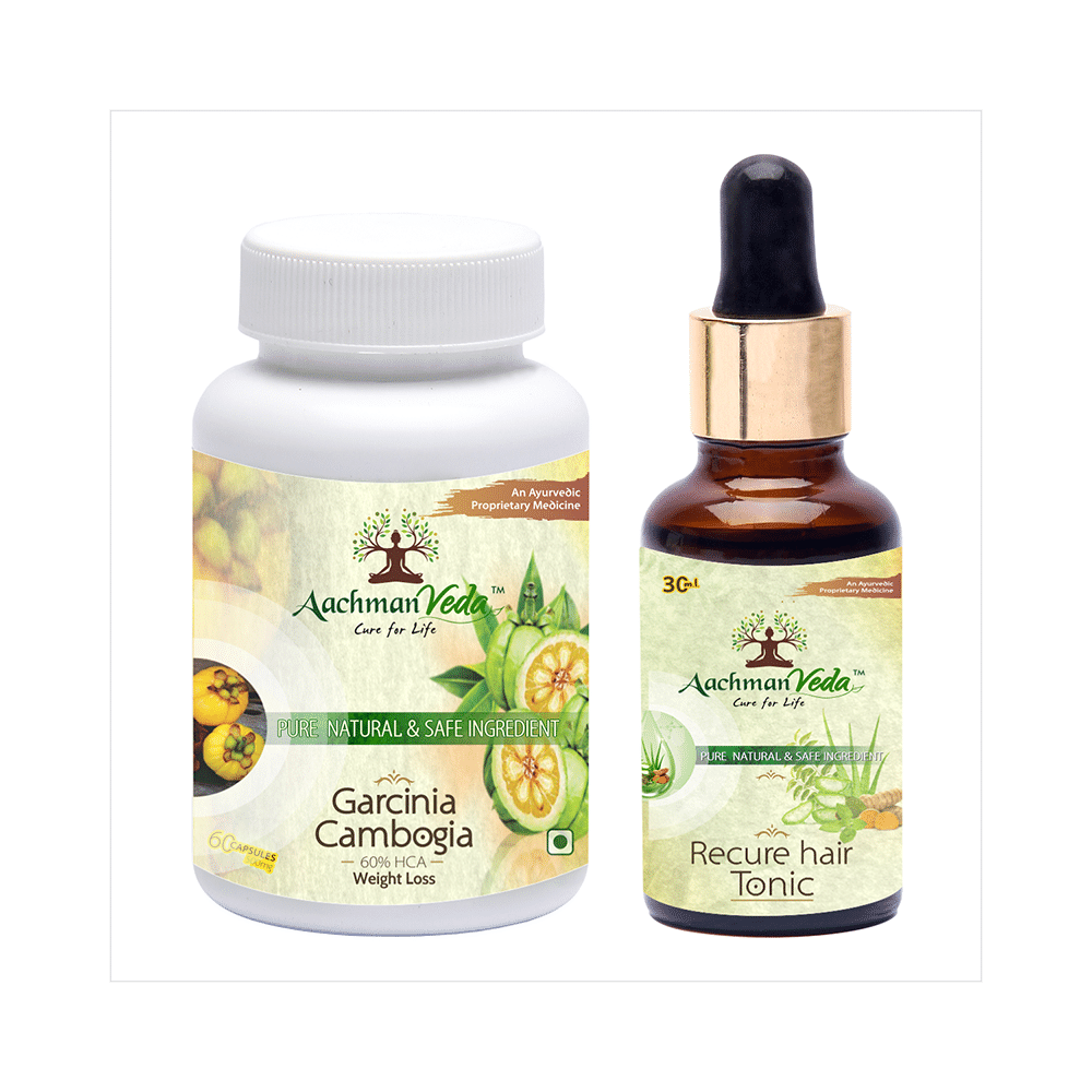 Aachman Veda Garcinia Cambogia Capsule with Aachman Veda Recure Hair Tonic 30ml Free - Image 1