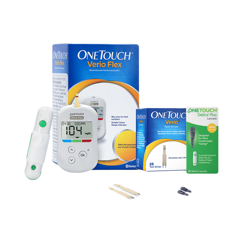 OneTouch Combo Pack of erio Flex Glucometer (Box of 10 Test strips Free), Verio Test Strip (Only Strips) & Delica Plus Lancets (Only Lancets) 30G - Image 1