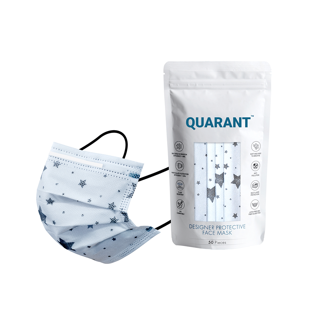 Quarant 4 Ply Designer Protective Face Mask Stary White Print White - Image 1