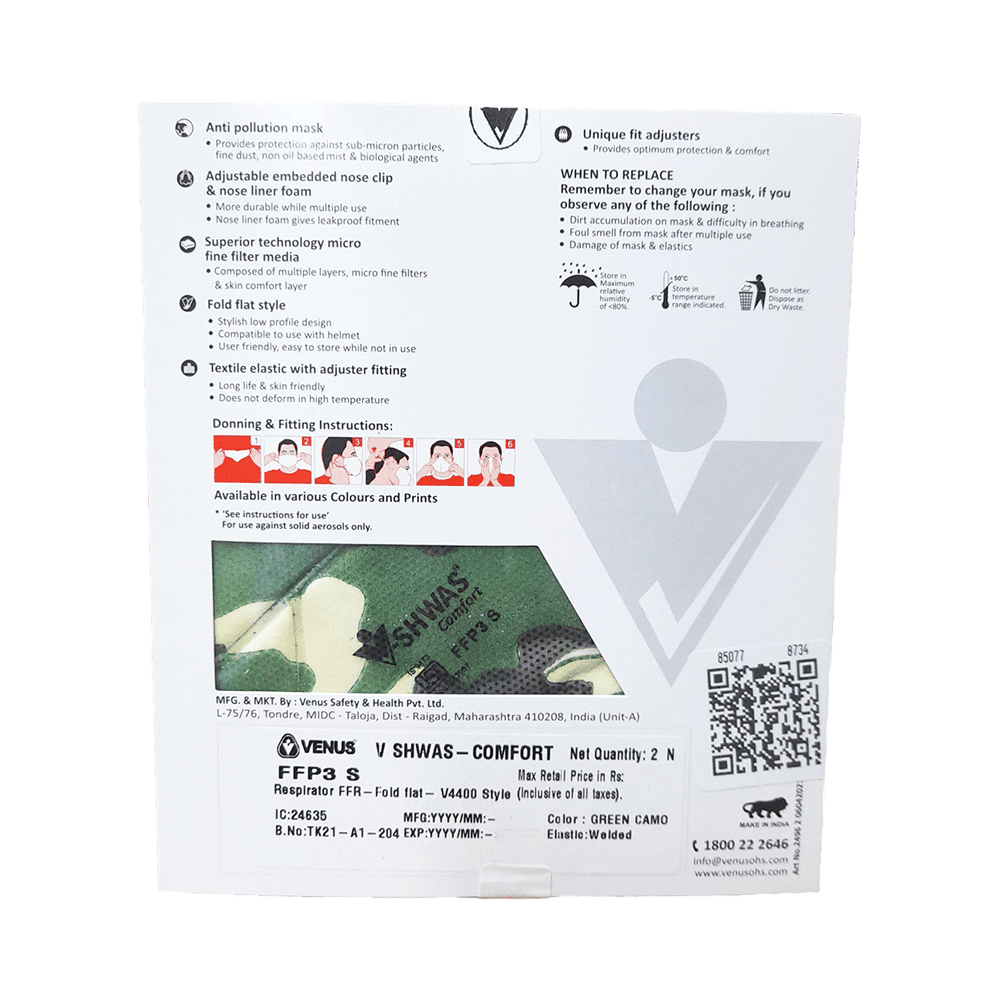 Venus V-Shwas Comfort FFP3 Fold Flat Face Mask Green Camo Large - Image 5
