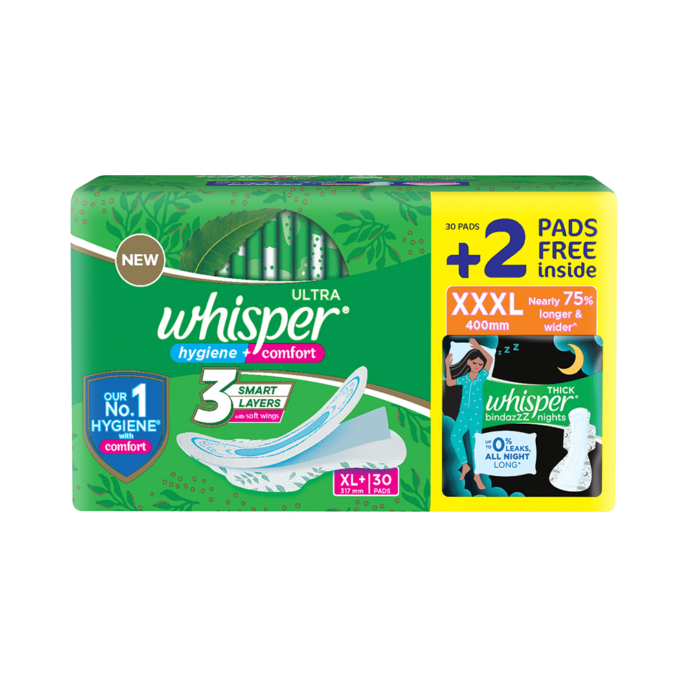 Whisper Ultra Hygiene + Comfort Sanitary Pads XL+ with 2 Whisper Thick Bindazzz Nights Sanitary Pads XXXL Free - Image 1