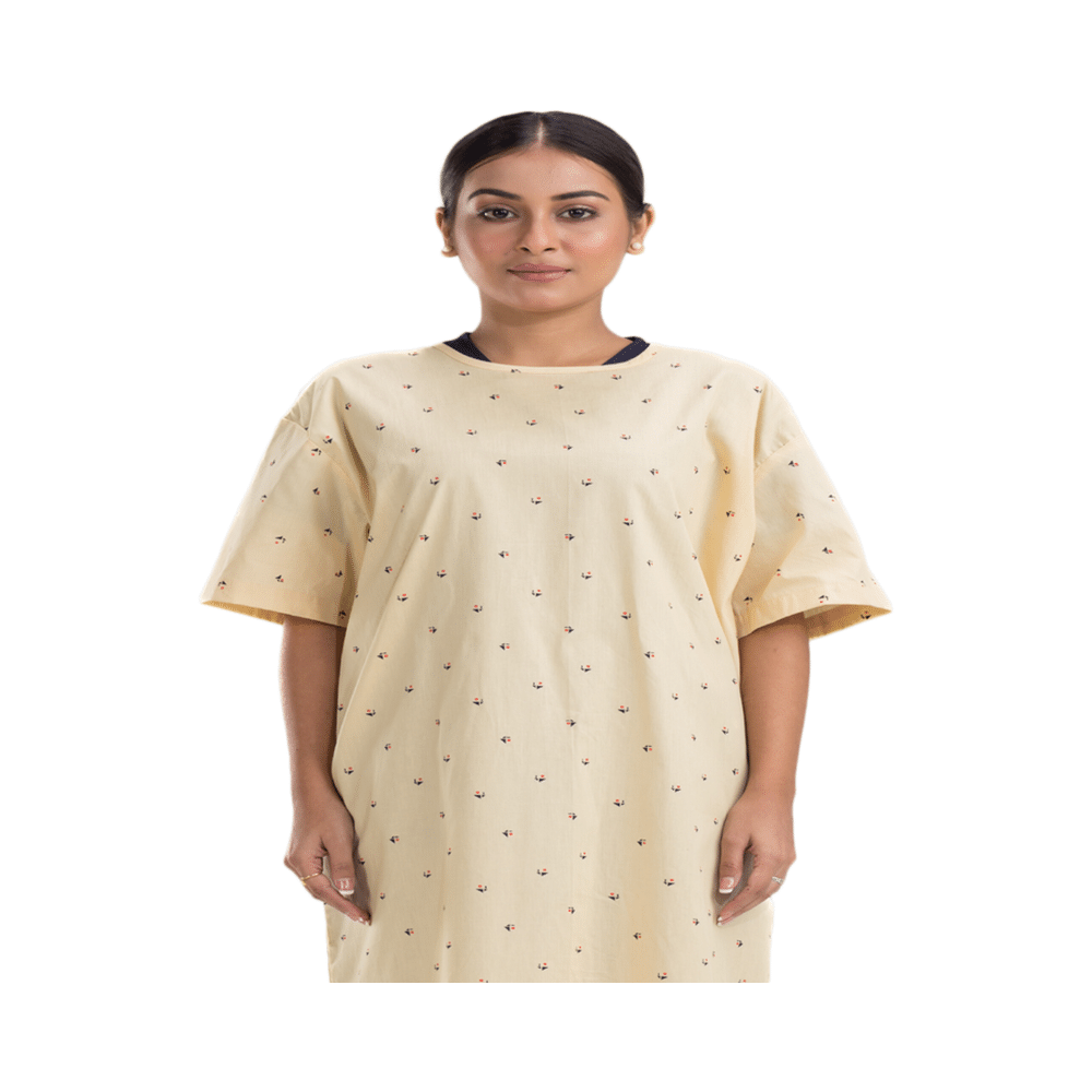 Agarwals Unisex Patient Gown Half Sleeves Back Open Universal Printed Yellow - Image 1