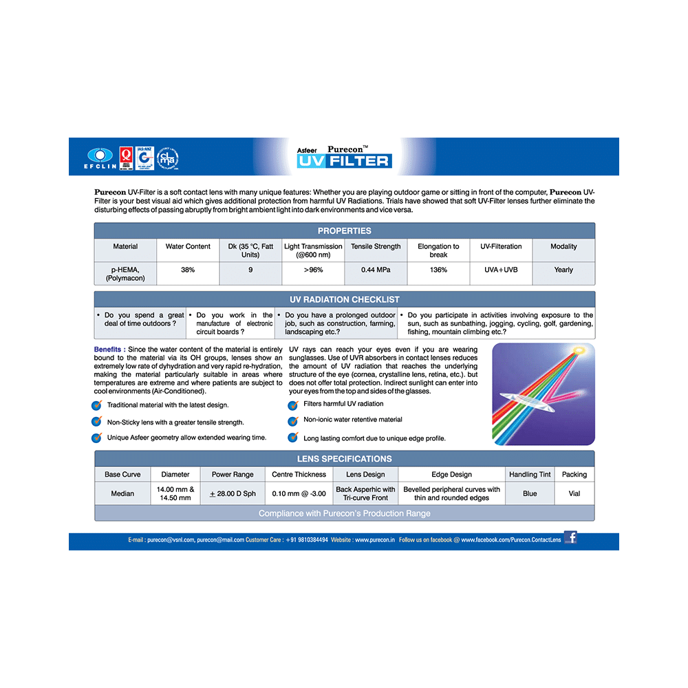 Purecon UV Filter Soft Contact Lens Optical Power -0.25 Blue - Image 4