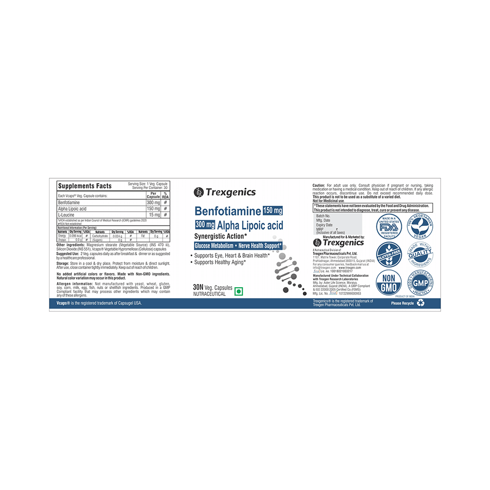 Trexgenics Benfotiamine 150mg Alpha Lipoic acid 300mg Veg Capsule - Image 2