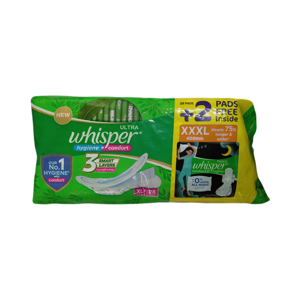 Whisper Ultra Hygiene + Comfort Sanitary Pads XL+ with 2 Whisper Thick Bindazzz Nights Sanitary Pads XXXL Free - Image 1