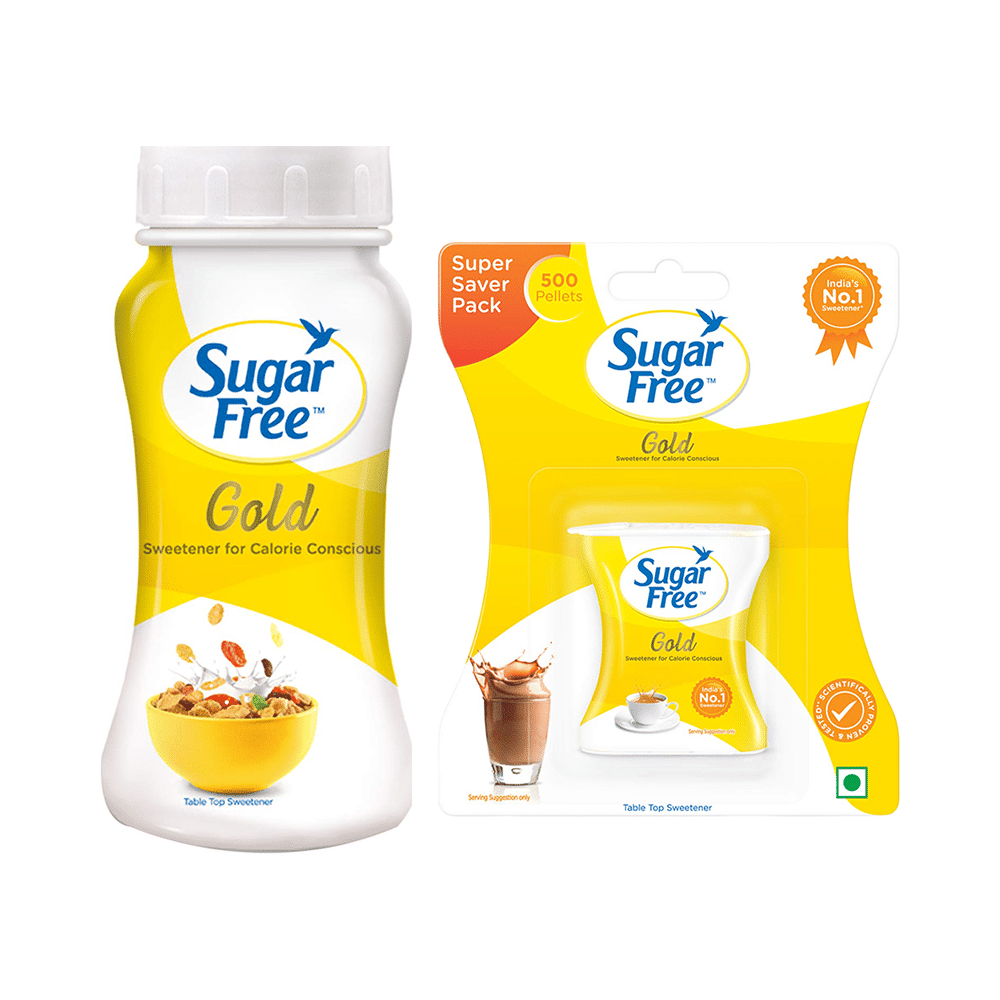 Sugar Free Gold Low Calorie Aspartame Sweetener Pellet (500) & Sugar Free Gold Low Calorie Aspartame Sweetener Powder (100gm) - Image 1