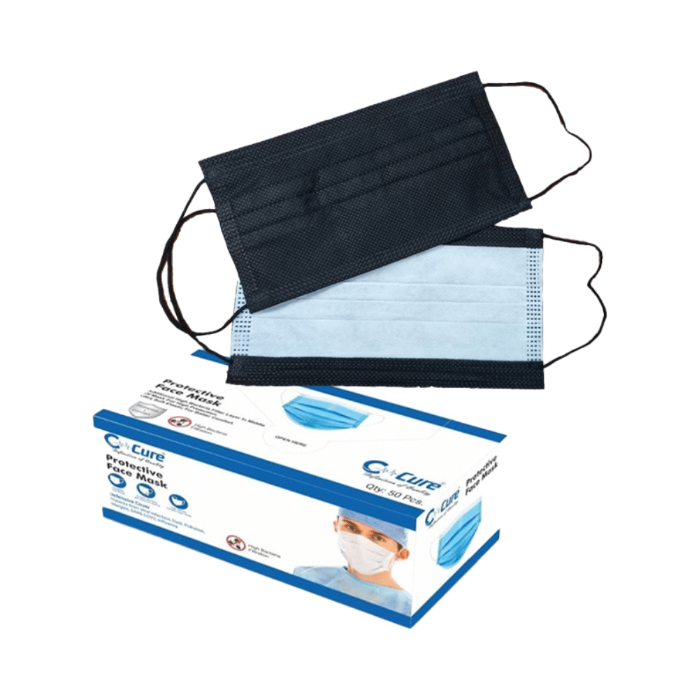 C Cure Protective Face Mask, 3 Ply Mask with Earloop (50 Each) Black & White Regular