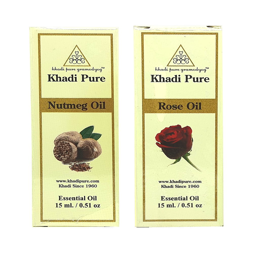 Khadi Pure Combo Pack of Nutmeg Oil & Rose Oil (15ml Each) - Image 1
