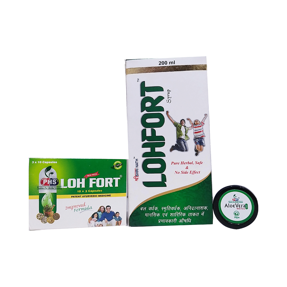 Shri Nath Multivitamin Kit (Lohfort Syrup 200ml and Loh Fort 30 Capsule) with Aloevera 10gm Gel Free - Image 1