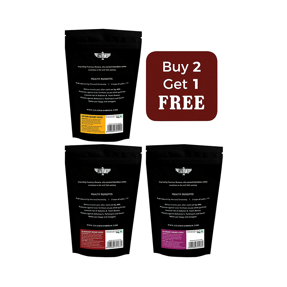 Colombian Brew Original, Nutty Hazelnut & Creamy Caramel Instant Coffee 100gm Each (Buy 2 Get 1 Free) - Image 2
