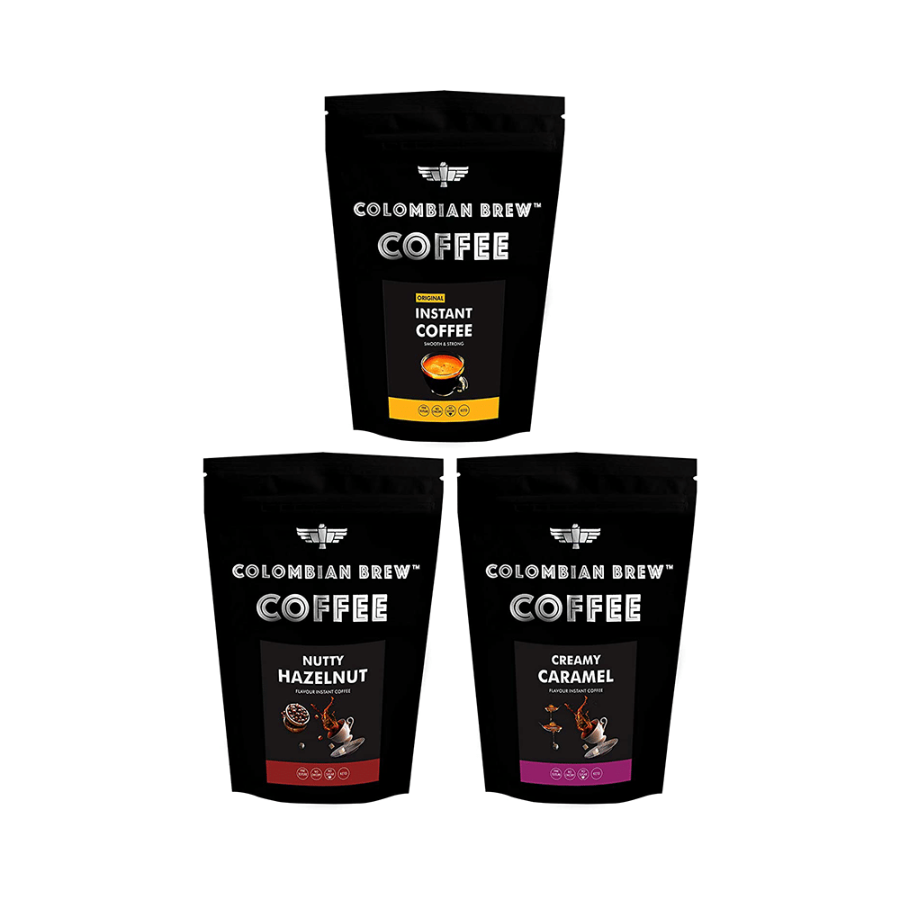 Colombian Brew Original, Nutty Hazelnut & Creamy Caramel Instant Coffee 100gm Each (Buy 2 Get 1 Free) - Image 1