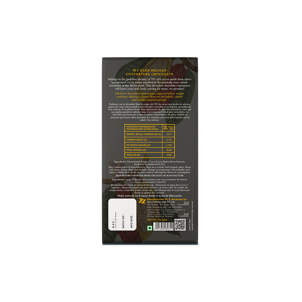 Zevic 70% Dark Chocolate | Diabetic Friendly | Flavour Belgian Cocoa - Image 2