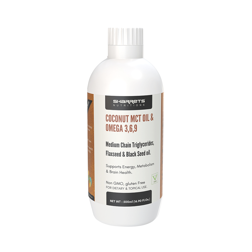 Sharrets Nutritions Coconut MCT Oil & Omega 3,6,9 Syrup Vegan Unflavored - Image 1