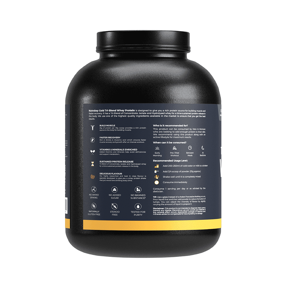 Nutrabay Gold Tri-Blend Whey Protein for Muscle Recovery & Immunity | No Added Sugar | Flavour Powder Cold Coffee - Image 2