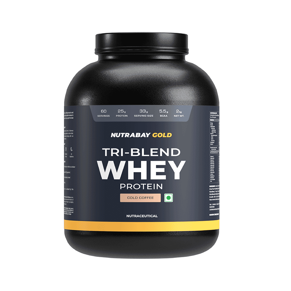 Nutrabay Gold Tri-Blend Whey Protein for Muscle Recovery & Immunity | No Added Sugar | Flavour Powder Cold Coffee - Image 1
