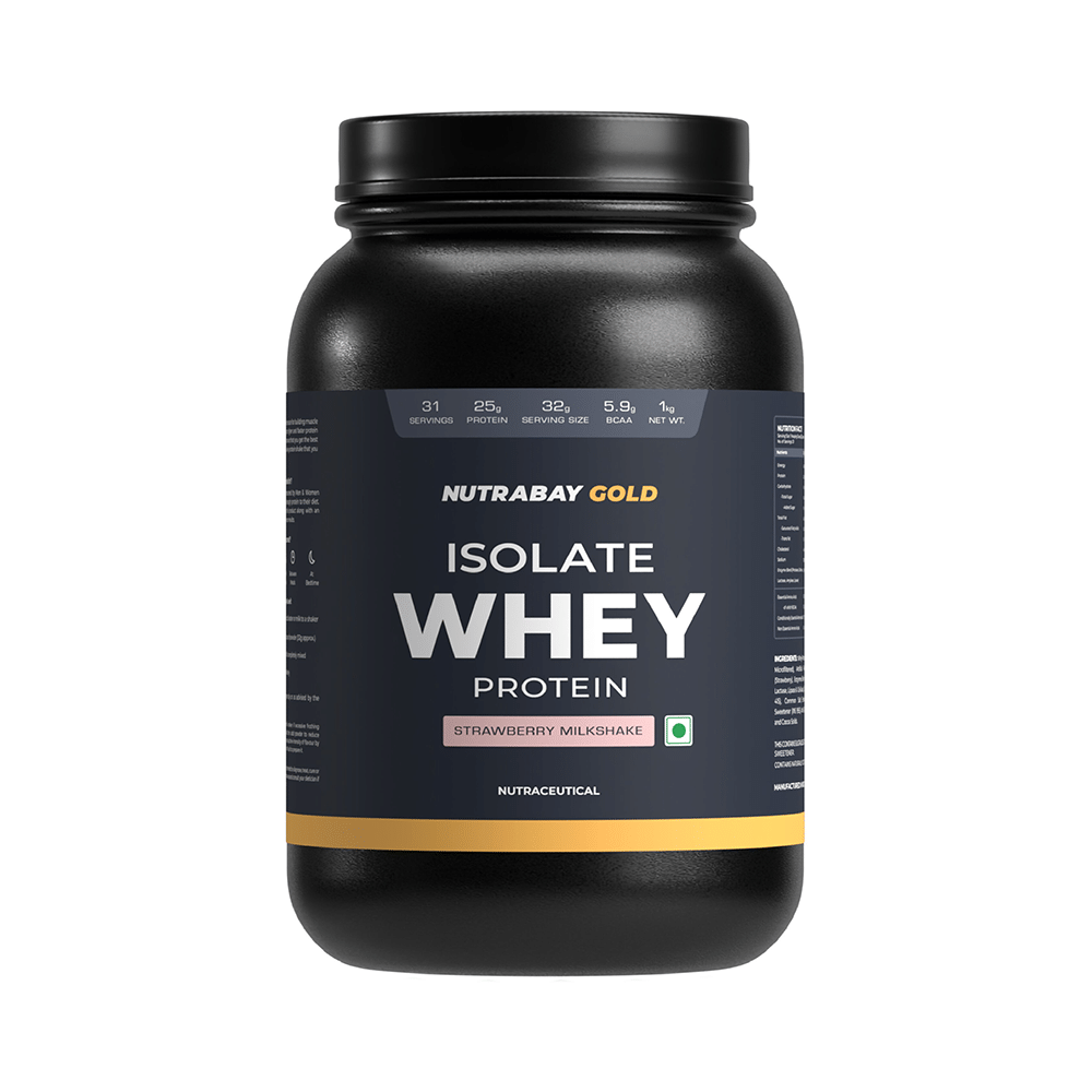 Nutrabay Gold Isolate Whey Protein for Muscles, Recovery, Digestion & Immunity | No Added Sugar | Flavour Strawberry Milkshake - Image 1