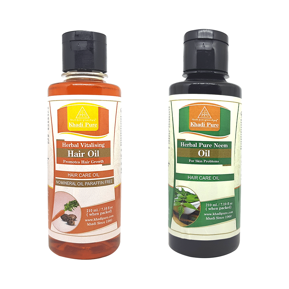 Khadi Pure Combo Pack of Herbal Pure Neem Oil & Herbal Vitalising Hair Oil No Mineral Oil & Paraffin Free (210ml Each) - Image 1