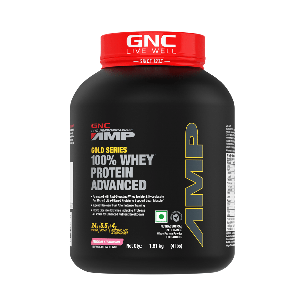 GNC Amp Gold 100% Whey Protein Advanced Powder with Digestive Enzymes | For Lean Muscles | Flavour Powder Delicious Strawberry - Image 1