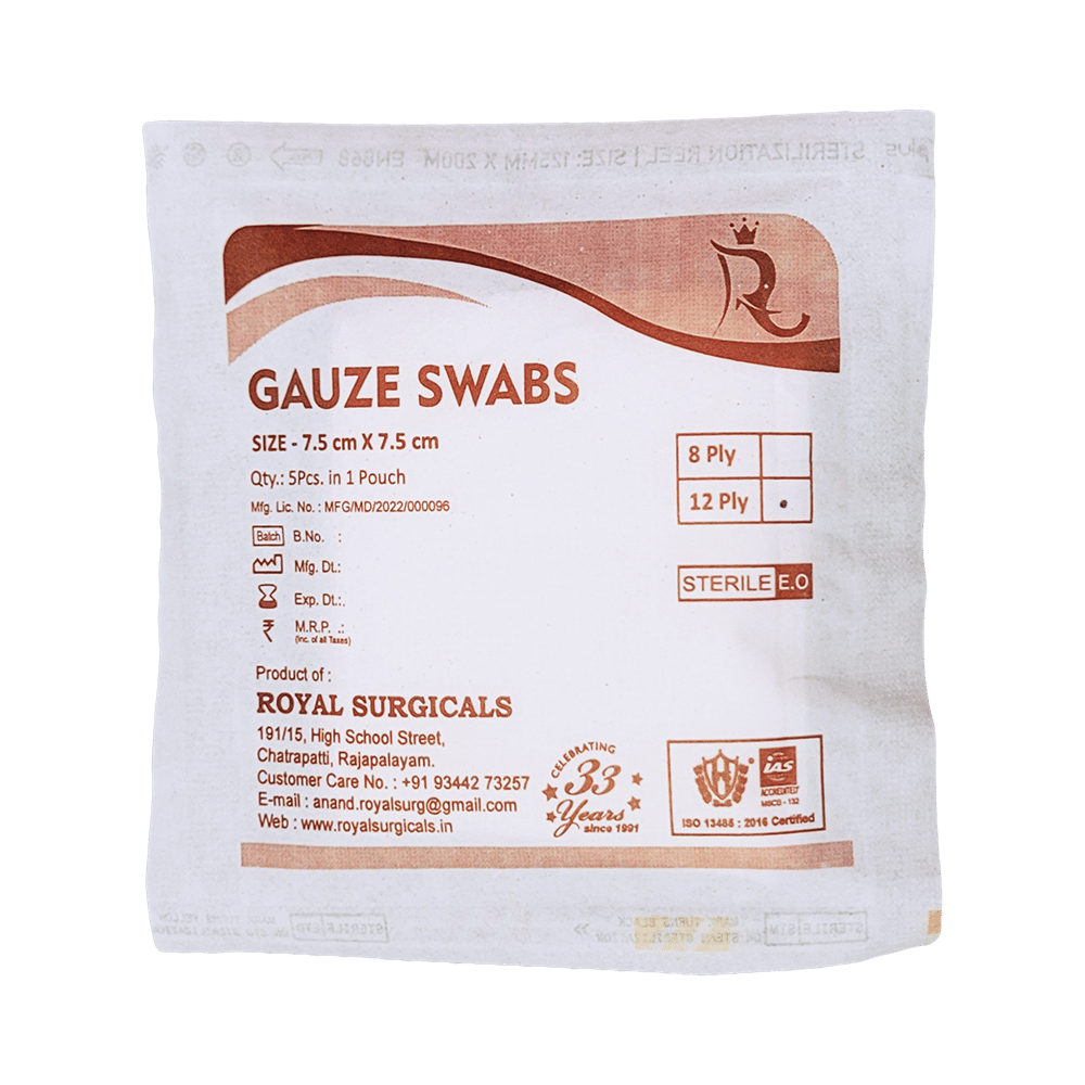 Royal Surgicals Gauze Swabs Sterile (5 Each) 7.5cm x7.5cm x 12ply - Image 1