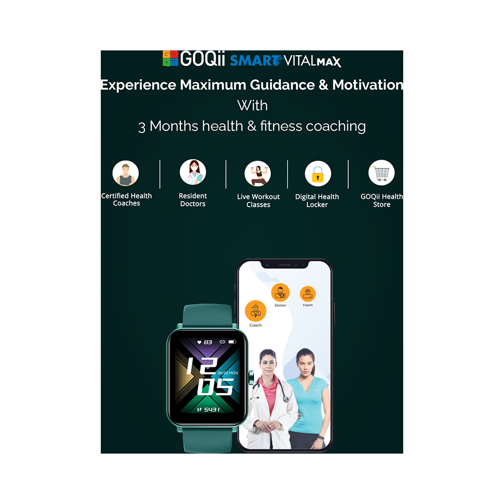 GOQii IP68 Vital MAX SpO2 1.69 HD Full Touch Smart Watch with 3 Months Health & Personal Coaching Green - Image 2