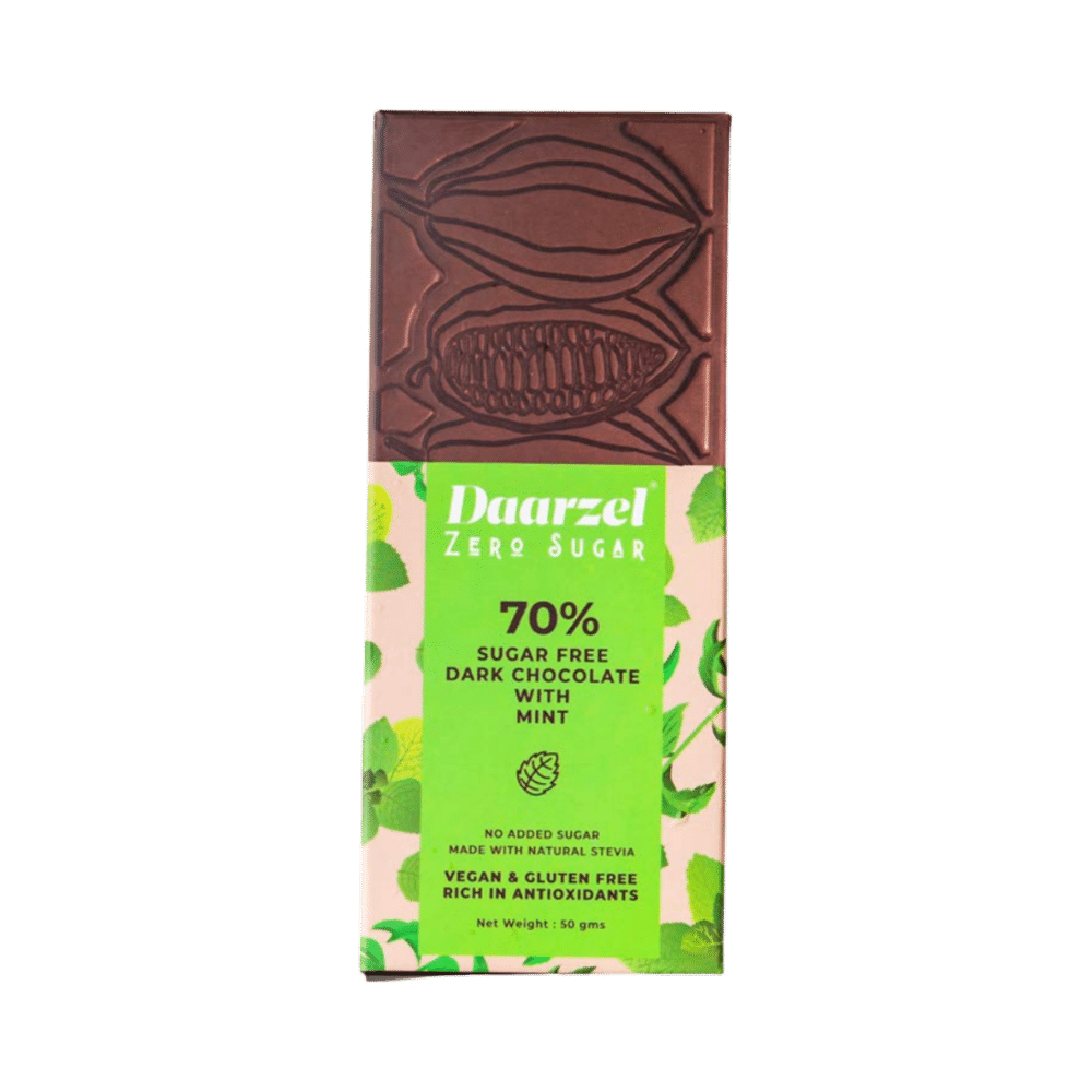 Daarzel Zero Sugar Combo Pack of 70% Sugar Free Dark Chocolate with Orange, 70% Sugar Free Dark Chocolate with Hazelnuts, 70% Sugar Free Dark Chocolate with Mint, 70% Sugar Free Dark Chocolate with Almonds & 70% Sugar Free Dark Chocolate (50gm Each) - Image 11