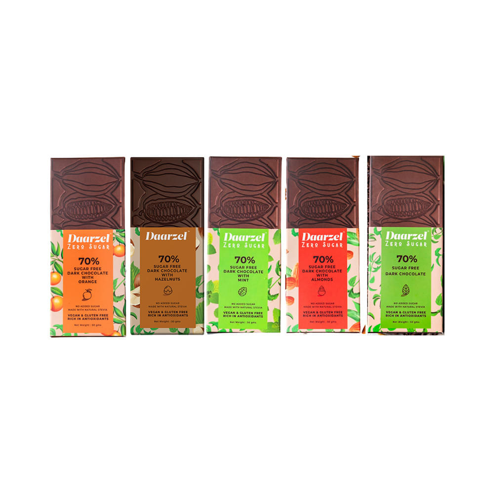 Daarzel Zero Sugar Combo Pack of 70% Sugar Free Dark Chocolate with Orange, 70% Sugar Free Dark Chocolate with Hazelnuts, 70% Sugar Free Dark Chocolate with Mint, 70% Sugar Free Dark Chocolate with Almonds & 70% Sugar Free Dark Chocolate (50gm Each)