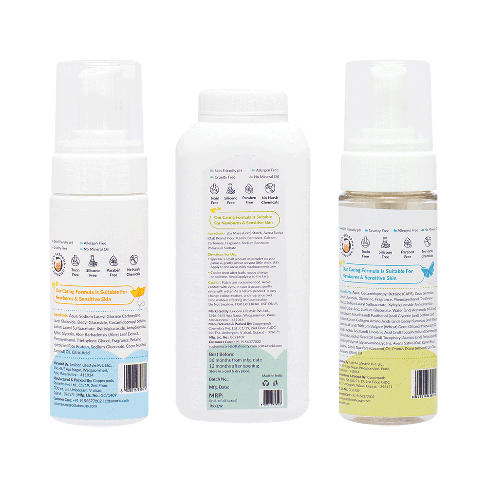 Citta Combo Pack of Tender Foaming Baby Wash 150ml, Gentle Foaming Baby Shampoo 150ml & Soothing Talc-Free Baby Powder 200gm - Image 2