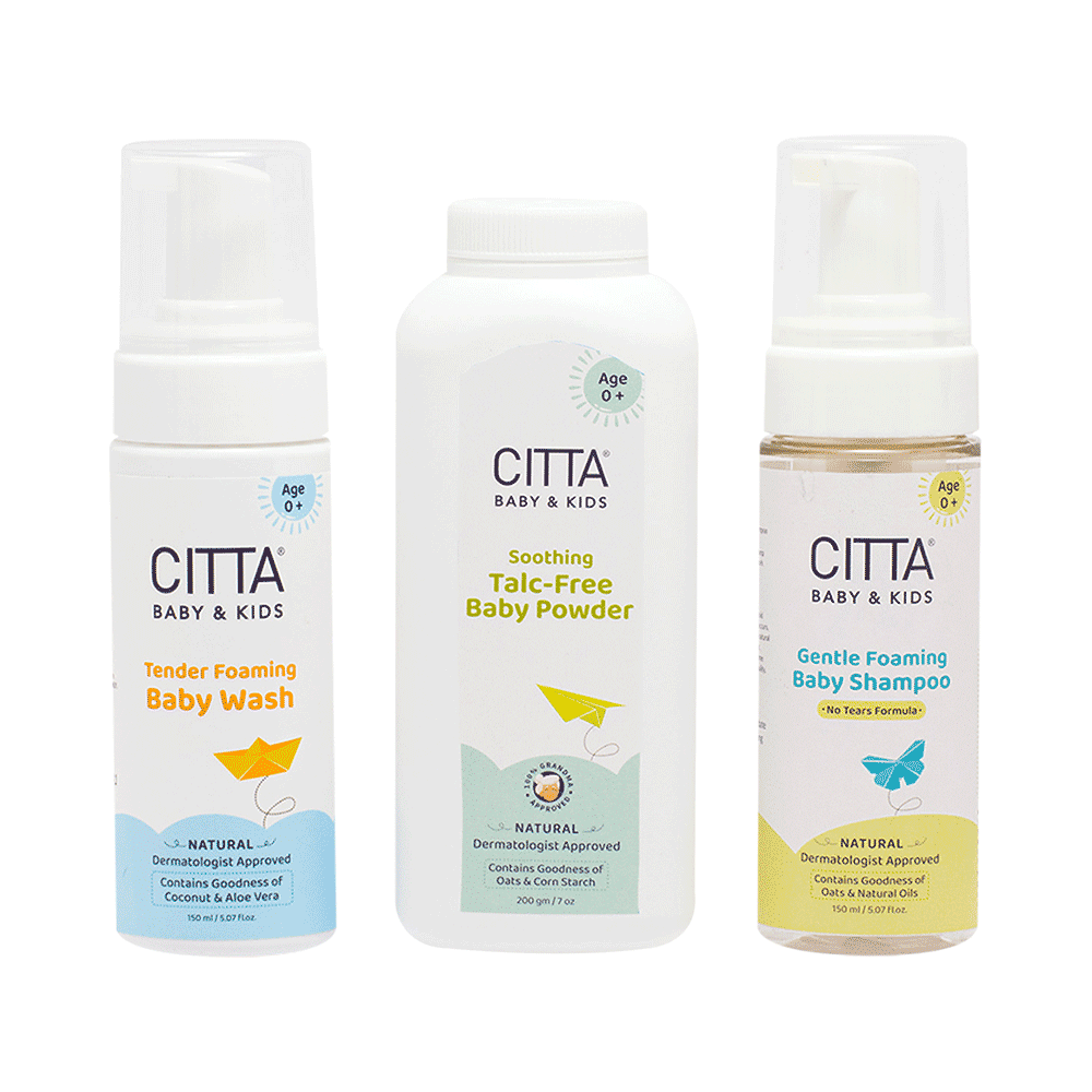 Citta Combo Pack of Tender Foaming Baby Wash 150ml, Gentle Foaming Baby Shampoo 150ml & Soothing Talc-Free Baby Powder 200gm - Image 1