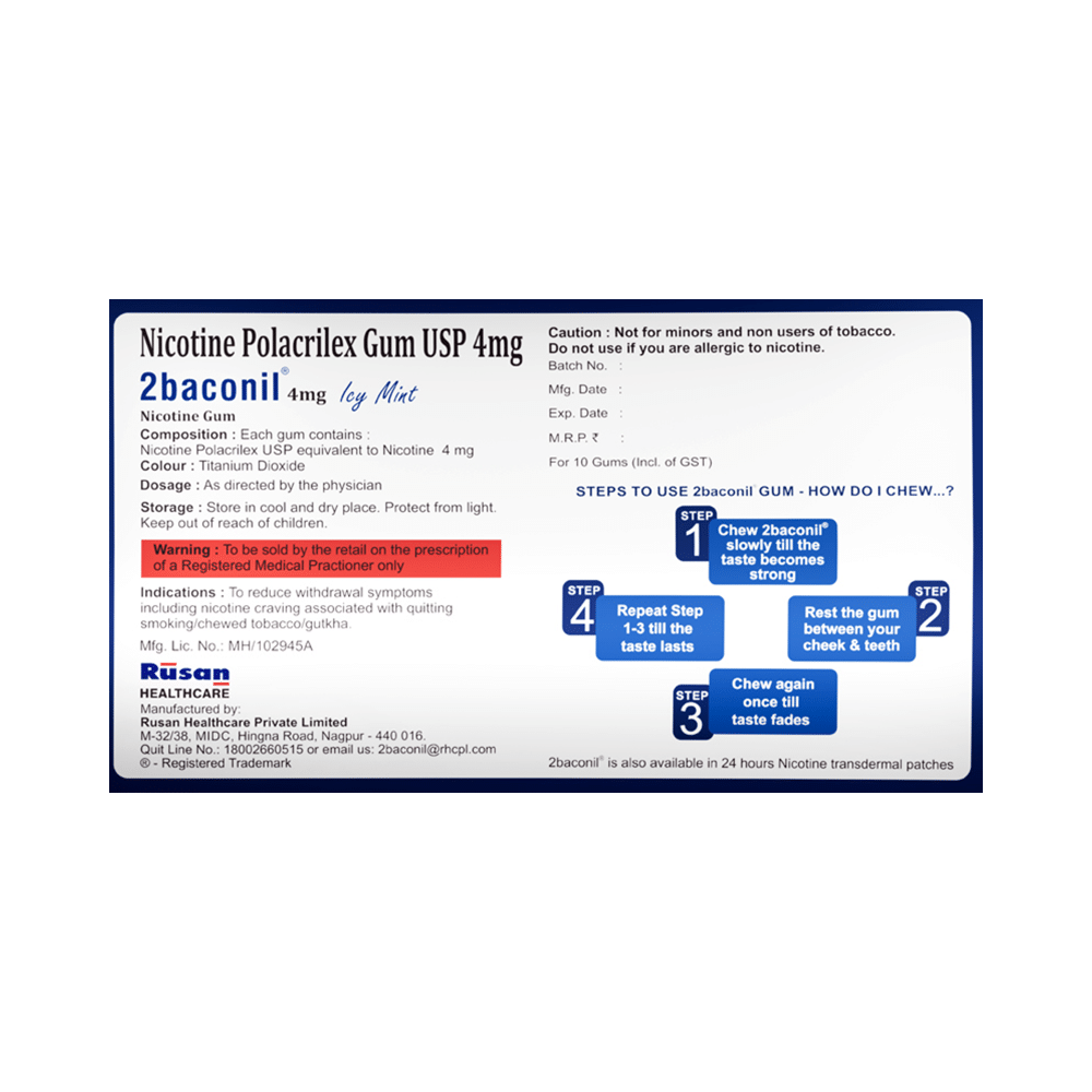 2baconil 4mg Nicotine Gums for Quit Smoking / Tobacco (For More Than 20 Cigarette/Day Smoker) Mint - Image 2