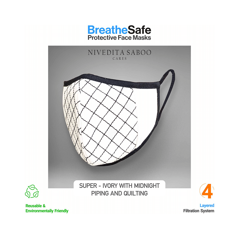 Nivedita Saboo Cares Medium Super-Ivory with Midnight Piping and Quilting BreathSafe Protective Reusable Face Mask - Image 2