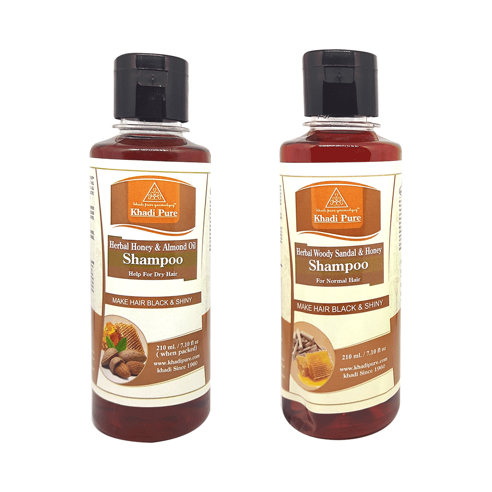 Khadi Pure Combo Pack of Herbal Honey & Almond Oil Shampoo & Herbal Woody Sandal & Honey Shampoo (210ml Each) - Image 1