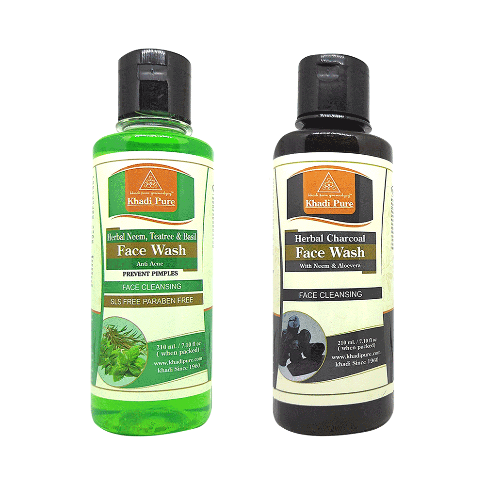 Khadi Pure Combo Pack of Herbal Charcoal Face Wash & Herbal Neem, Teatree & Basil Face Wash SLS & Paraben Free (210ml Each) - Image 1