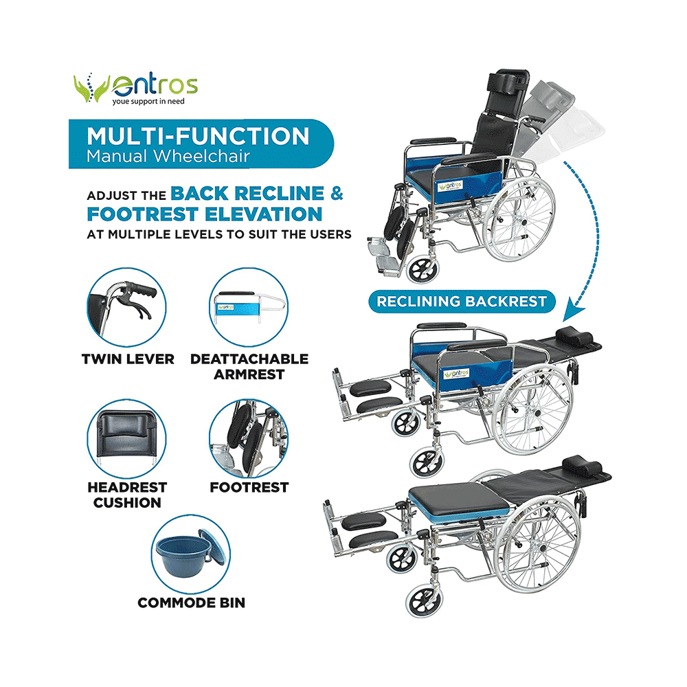 Entros KL608GCJ Foldable Recliner Wheelchair with Soft Commode Seat - Image 4