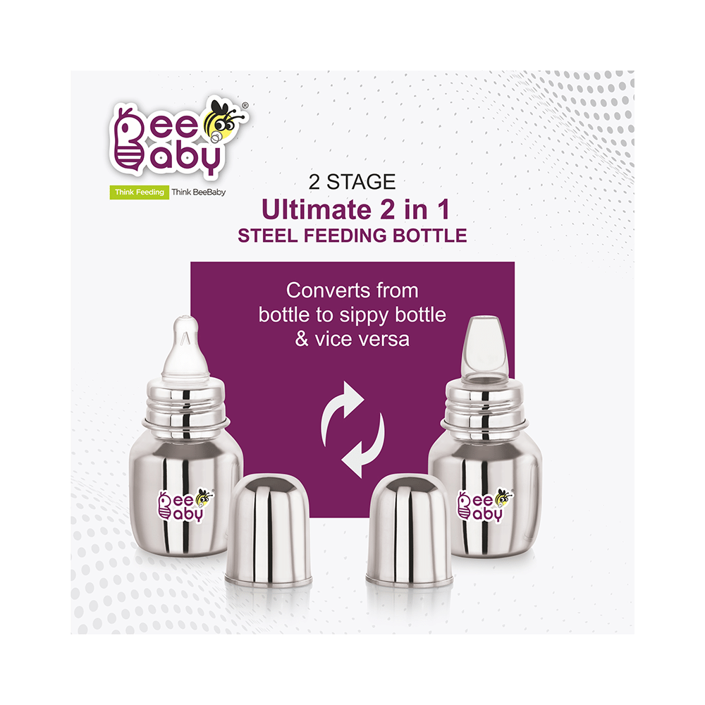 BeeBaby  2 in 1 Ultimate Stainless Steel Infant Baby Feeding Bottle with Anti Colic Nipple & Silicone Sippy Spout 4 Months + - Image 3