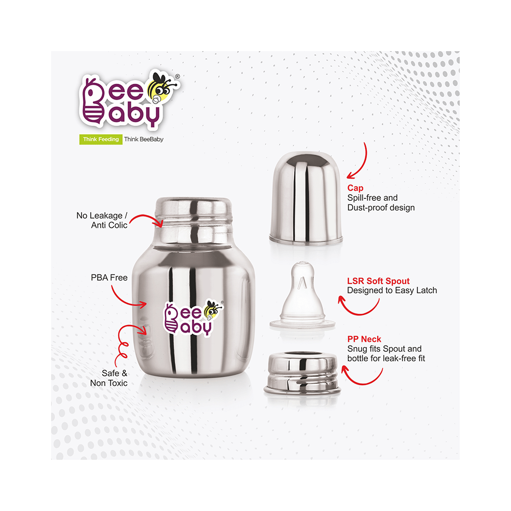 BeeBaby  2 in 1 Ultimate Stainless Steel Infant Baby Feeding Bottle with Anti Colic Nipple & Silicone Sippy Spout 4 Months + - Image 4