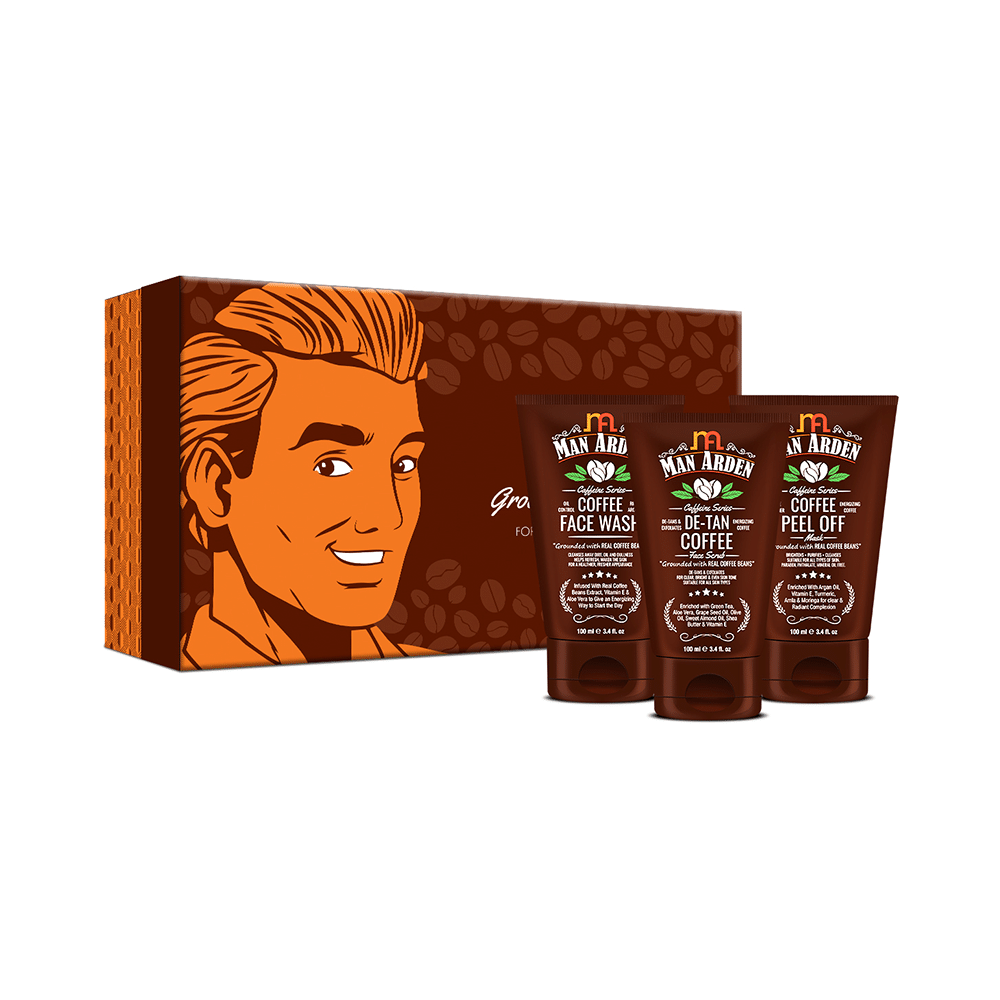 Man Arden Grooming Essentials Kit (Coffee Face Wash, De-Tan Coffee & Coffee Peel Off) 100ml Each - Image 1
