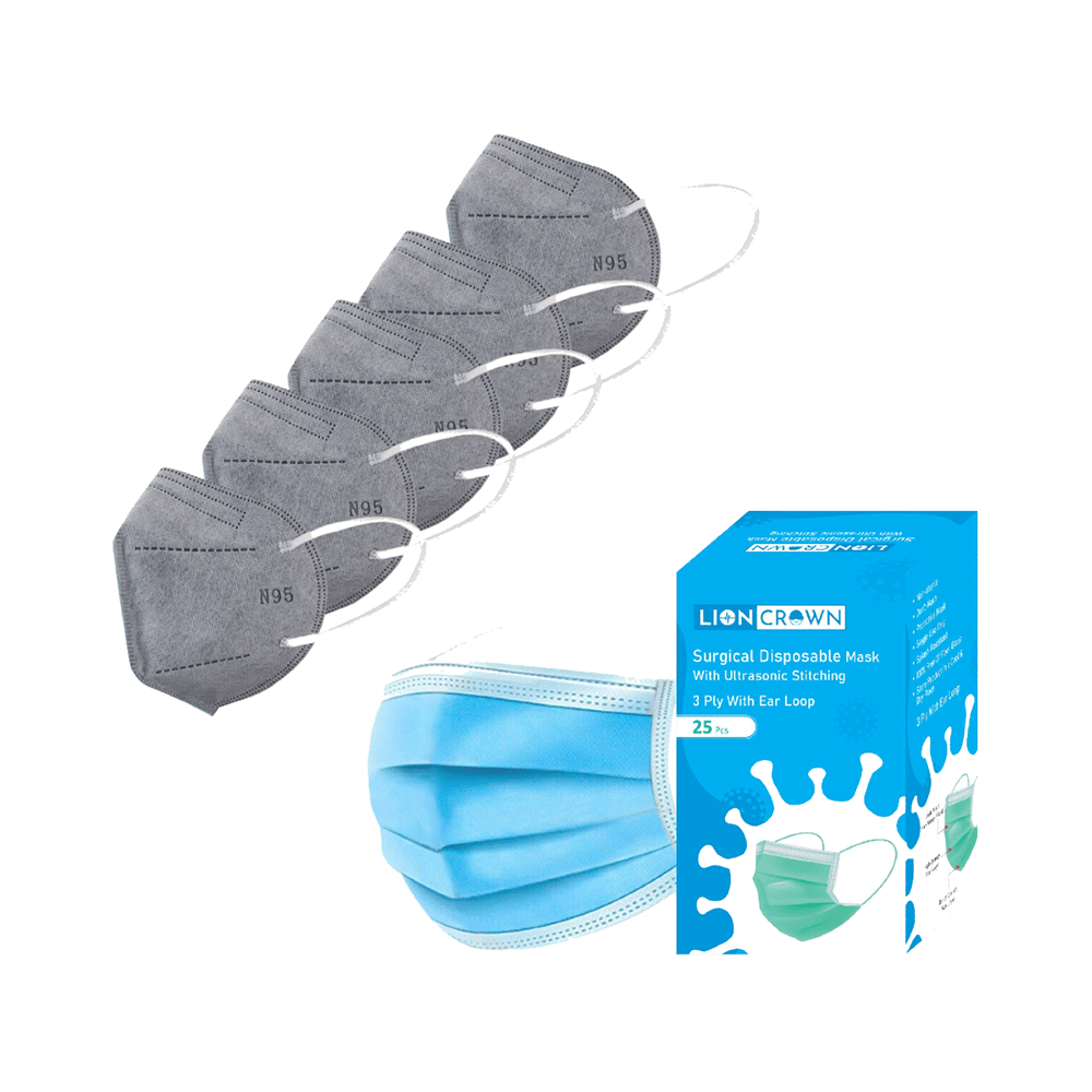 Lioncrown Combo Pack of N95 Grey Mask (5) & 3 Ply Surgical Disposable Mask (25) - Image 1